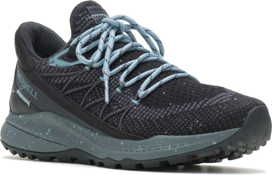 Black athletic shoe with blue laces and speckled blue sole.