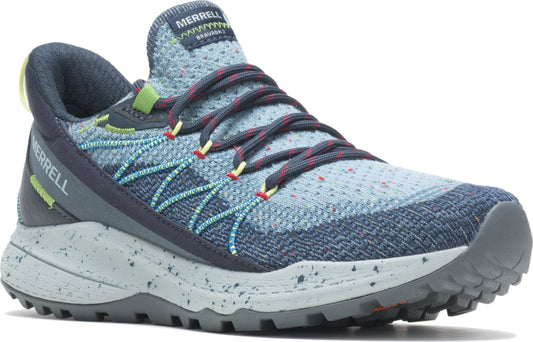 A light blue knit sneaker with dark blue accents and speckled light gray sole.