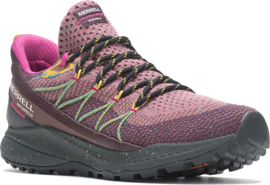 A low-rise hiking shoe with pink mesh, dark laces, a black sole, and 'MERRELL WATERPROOF' printed on the heel.