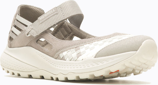Light gray mary jane style shoe with a white woven toe and a thick off-white treaded sole.