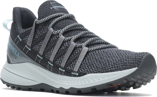 A low-rise black and gray athletic shoe with gray elastic bands laced through the upper and a gray sole.
