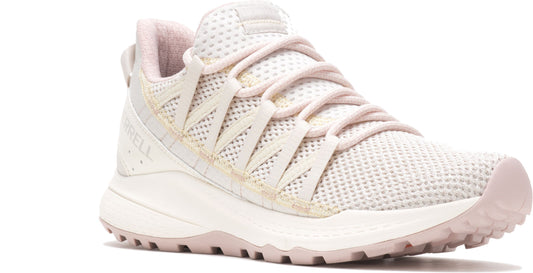 Beige athletic shoe with decorative cords, and pink accents on the lining and sole.