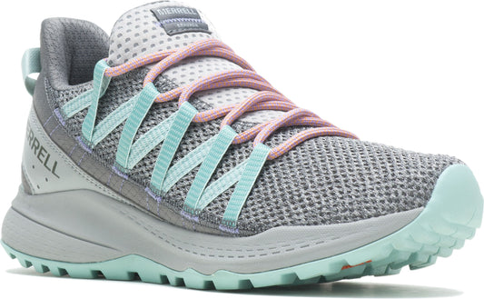 A gray running shoe with pink shoelaces, teal accents and a knit upper.