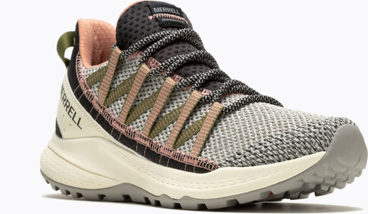 A low top sneaker with a heather gray mesh upper, olive and pink caging, a cream midsole and a gray treaded outsole.