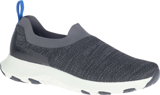 Gray sock-style slip-on shoe with a white sole and a blue heel pull.