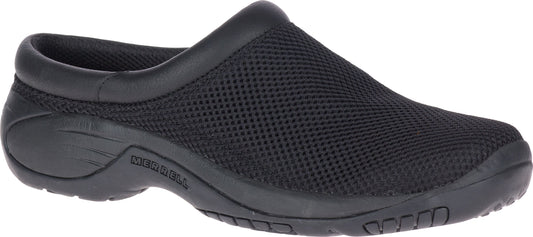A black slip-on shoe with mesh top.