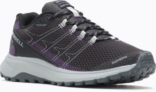 Charcoal-colored mesh running shoe with purple accents and a gray sole. The word "MERRELL" is visible on the heel.