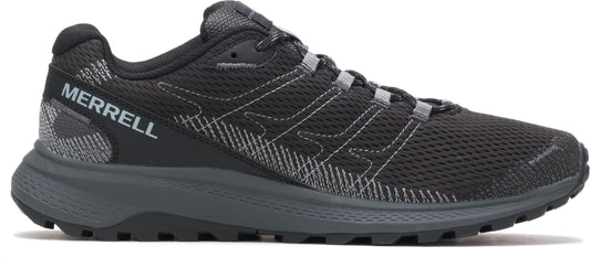 A gray running shoe with the word MERRELL on the side.