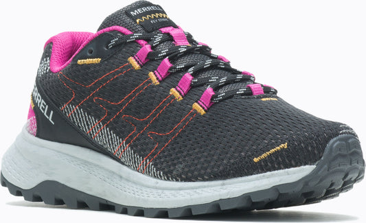 Black athletic shoe with pink accents and textured sole.