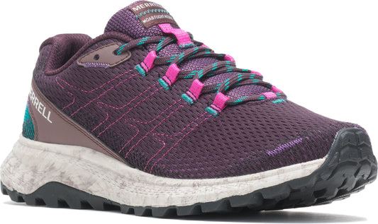 A purple athletic shoe with pink and teal laces, and a chunky white and black sole.