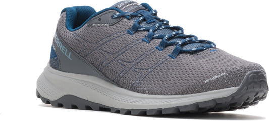 A low-rise gray running shoe with blue accents and shoelaces.
