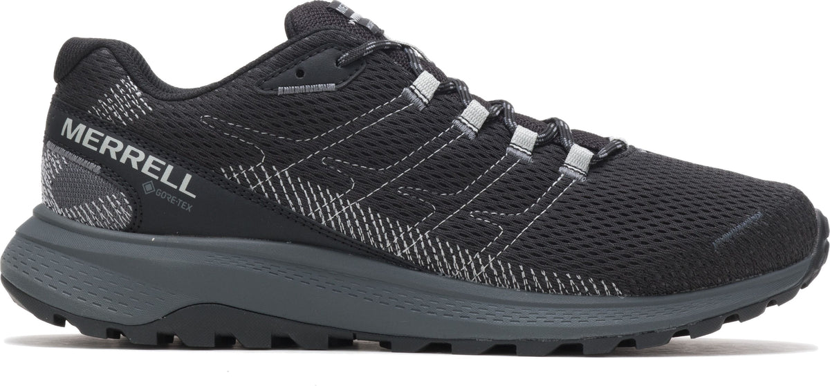 Black athletic shoe with gray accents and 'MERRELL' and 'GORE-TEX' branding on the side.