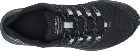 Top-down view of a black shoe with white laces.