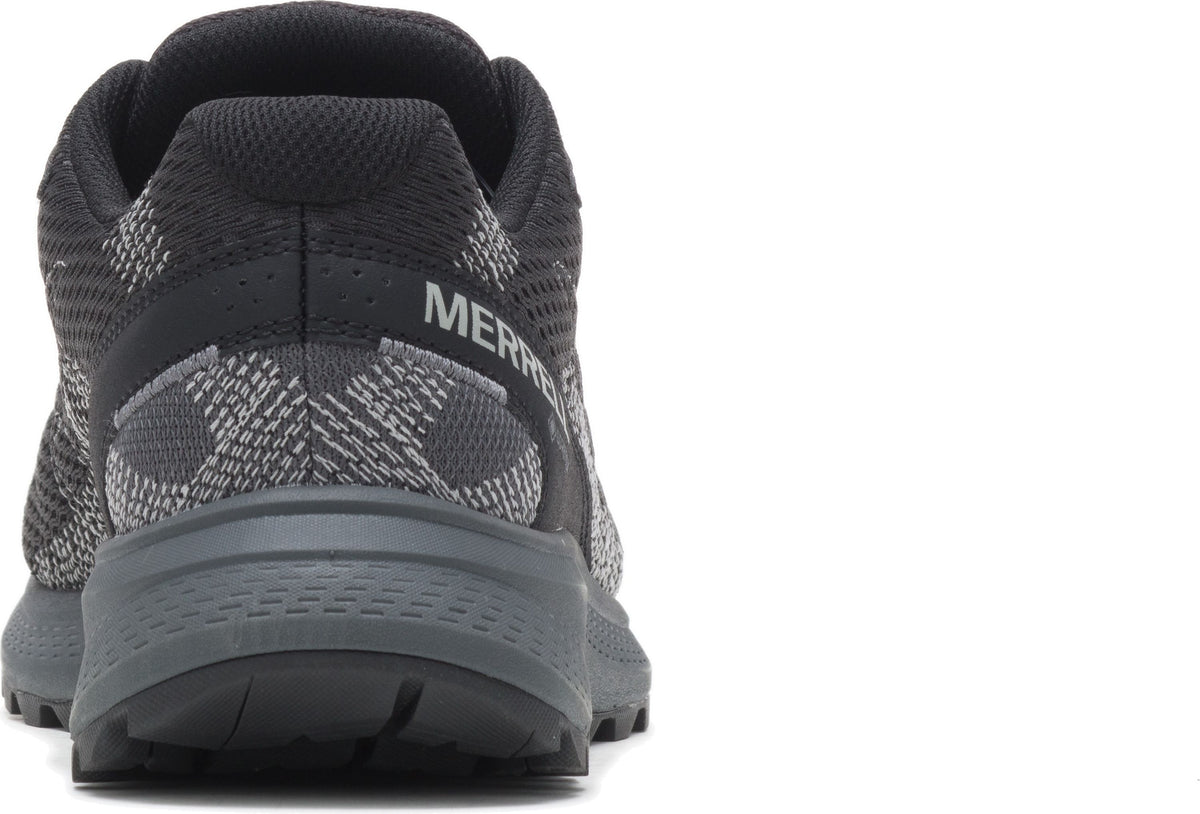 Back view of a gray and black running shoe with "MERRELL" printed on the side.