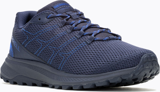 A navy blue running shoe featuring a mesh upper, textured sole, and contrasting blue laces.