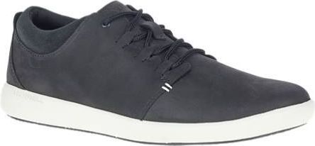 Dark gray leather shoe with white sole.