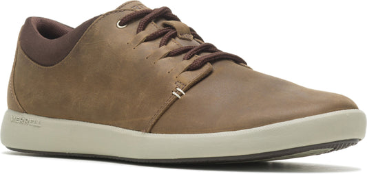 A brown leather sneaker with brown laces and a white sole.