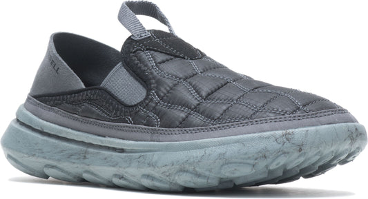 Slip-on shoe with dark grey quilted upper, elastic gore, heel pull tab, light grey trim, and light blue textured sole.