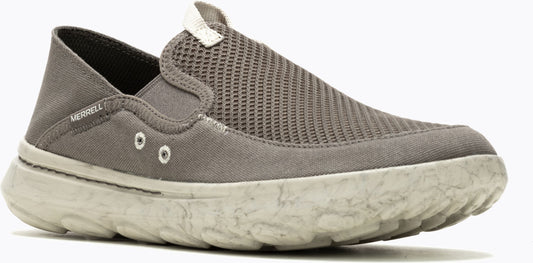 A gray slip-on shoe with a mesh top and a thick, speckled sole.