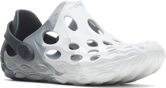 White and gray molded foam clog with holes and a pivoting heel strap.