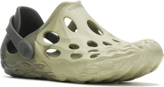 Olive green clog with heel strap and multiple ventilation holes.
