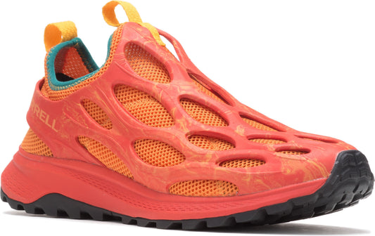 Orange slip-on shoe with lattice overlay, yellow pull tabs, and a teal collar.