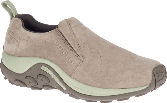 Slip-on shoe with a taupe-colored suede-like upper, light green midsole, and brown lugged outsole. The word "MERRELL" is embossed on the side.