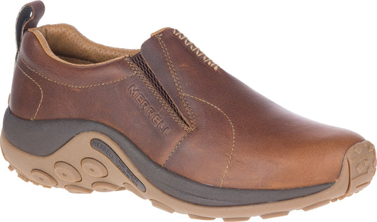 Brown leather slip-on shoe with a brown sole and circular treads.