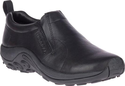 Black leather slip-on shoe with pull tab and thick, treaded sole.