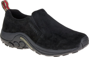 A black slip-on shoe with a thick, treaded sole and a pull tab on the heel.