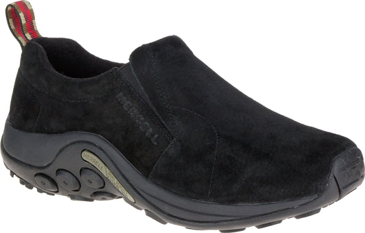 A black slip-on shoe with a thick, treaded sole and a pull tab on the heel.