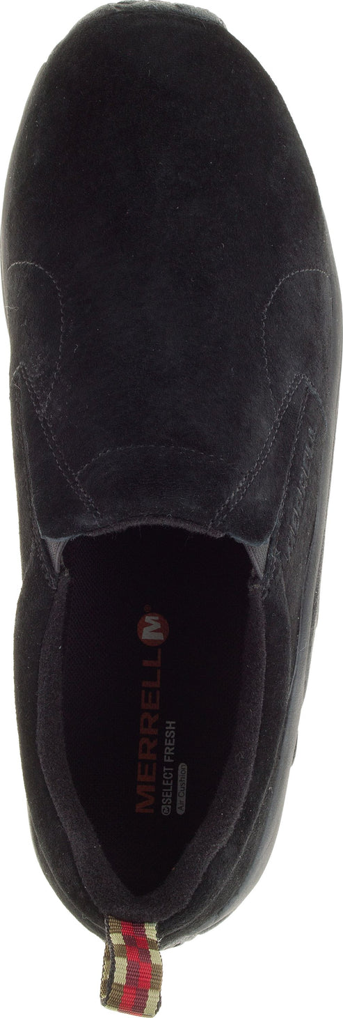 A top-down view of a black slipper with a small tag with a red stripe.