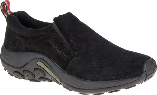 Black suede slip-on shoe with air cushion sole and a patterned pull-tab.