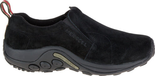 Black slip-on shoe with a red and white striped tab.