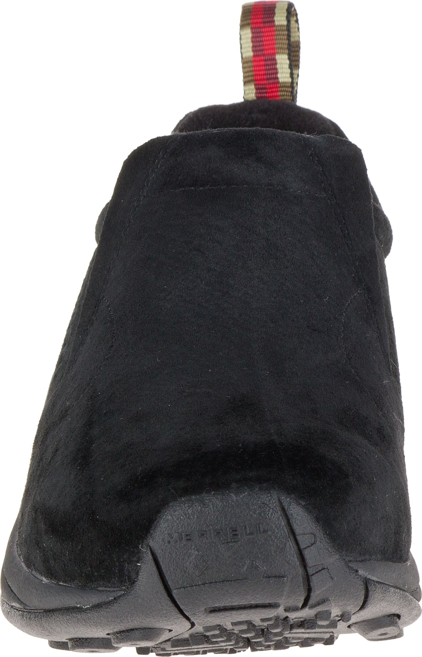 A black, closed-back, slip-on shoe with a brown and red striped pull tab.