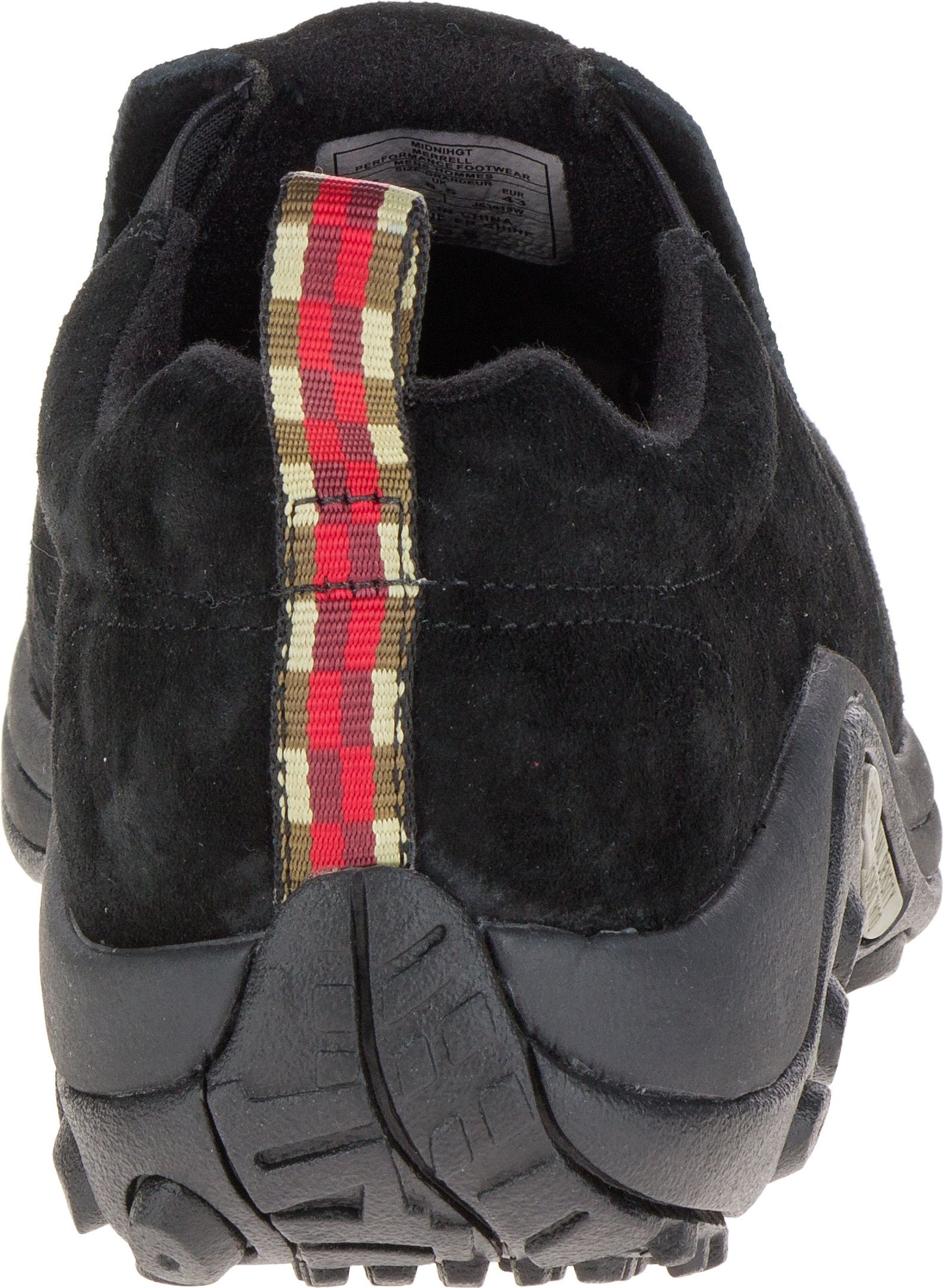 Back view of a black suede shoe with a striped pull tab on the heel.