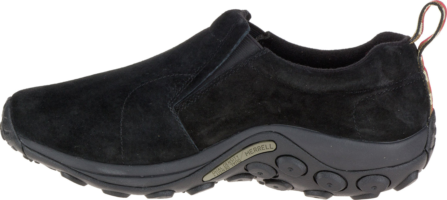 A black slip-on shoe with a suede upper and a lugged sole.