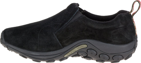 A black slip-on shoe with a suede upper and a lugged sole.