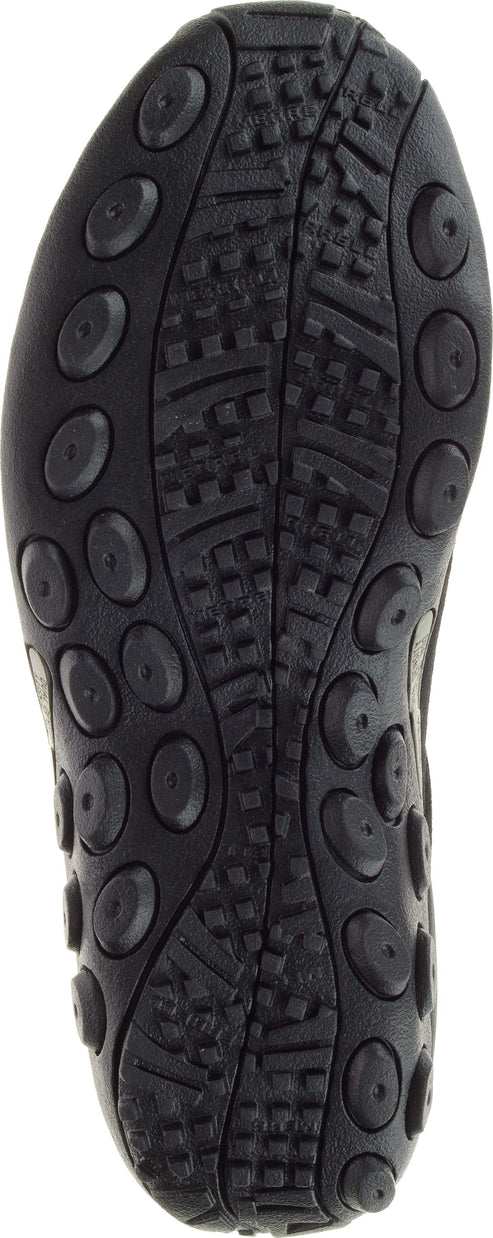 Sole of a shoe with textured treads and circular protrusions.