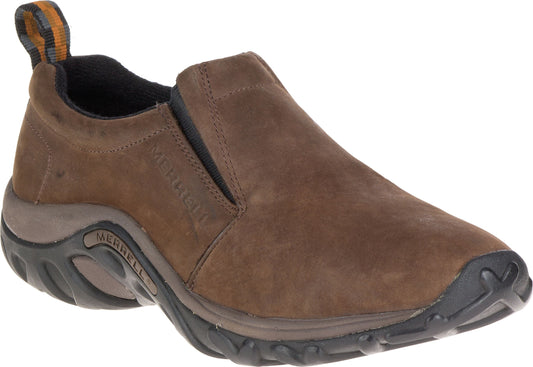 Brown leather slip-on shoe with elastic side panels and a pull tab.