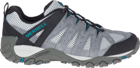 A gray, low-cut hiking shoe with teal and black accents and a rugged sole.