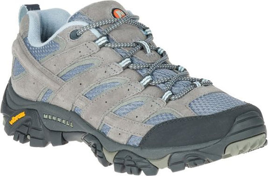 Gray and blue hiking shoe with thick black sole and gray patterned laces.