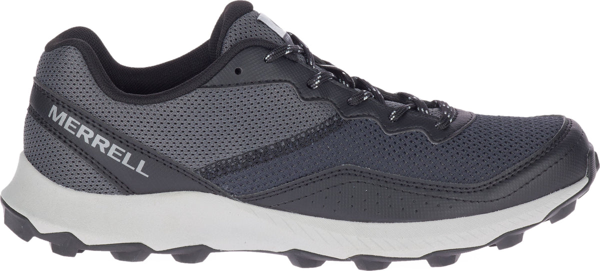 A gray shoe with the word MERRELL on the side.