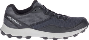 A gray shoe with the word MERRELL on the side.