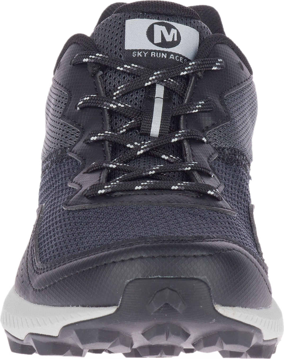 A black athletic shoe with white and black laces, a gray 'M' logo, and 'SKY RUN ACE' text.