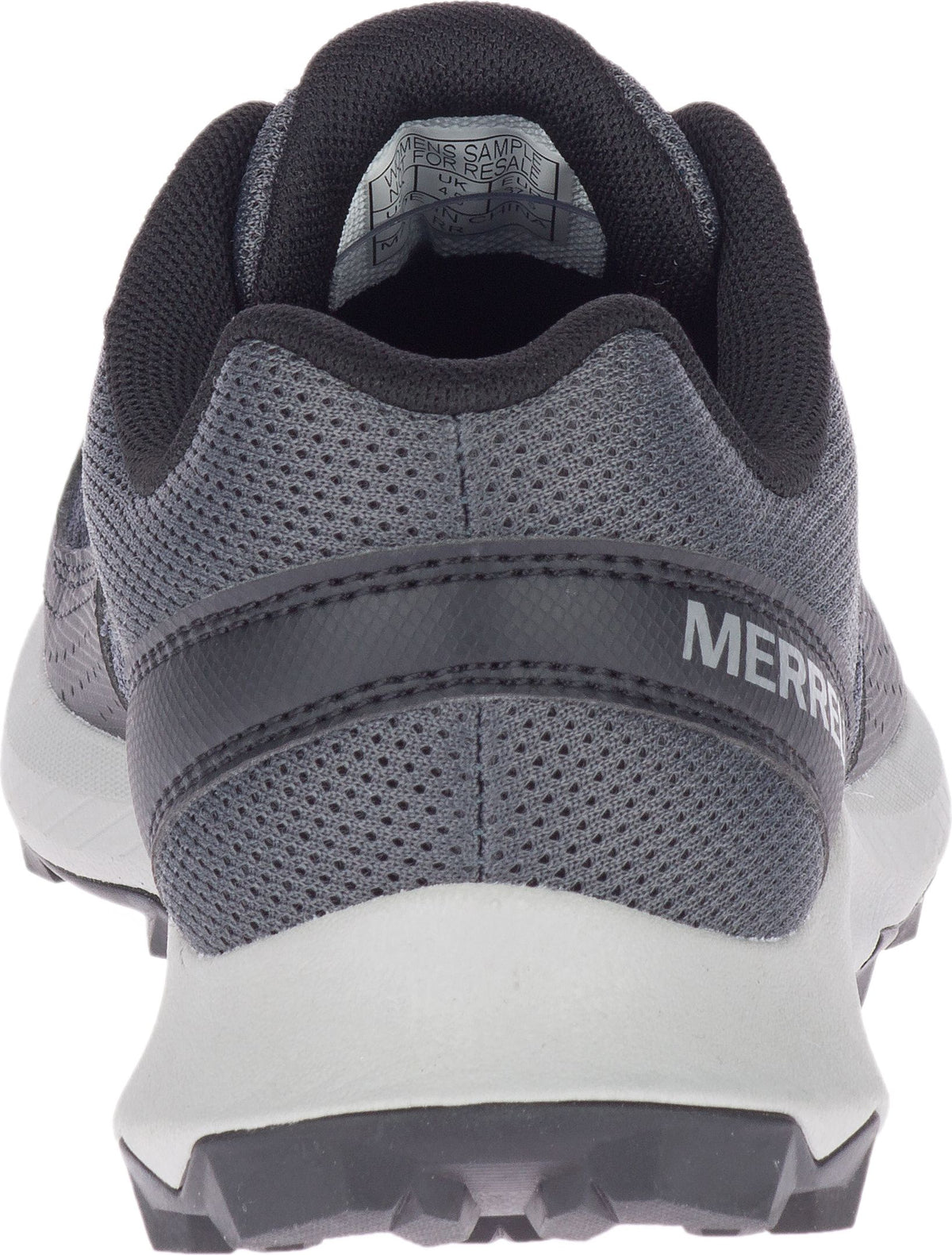 Close-up of a gray athletic shoe's back with a black upper and a white sole, displaying the word "MERRELL".