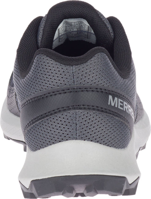 Close-up of a gray athletic shoe's back with a black upper and a white sole, displaying the word "MERRELL".