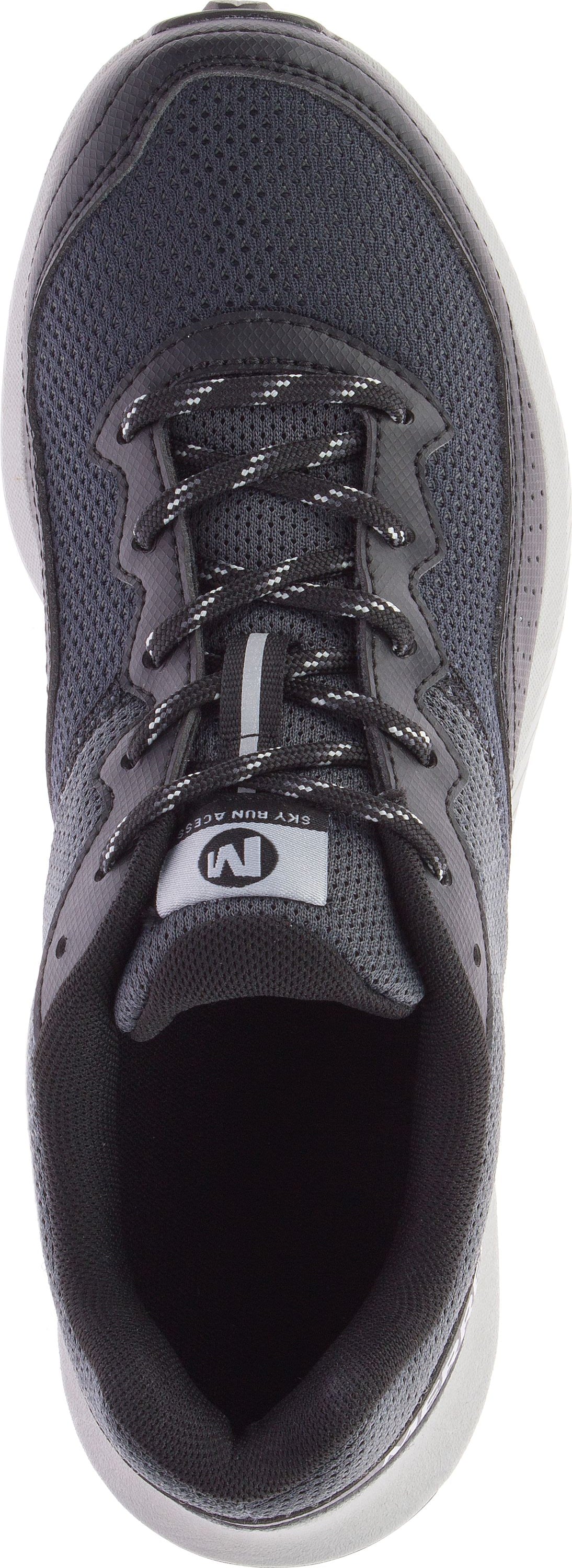 A gray running shoe featuring black shoelaces and a white logo on the side.