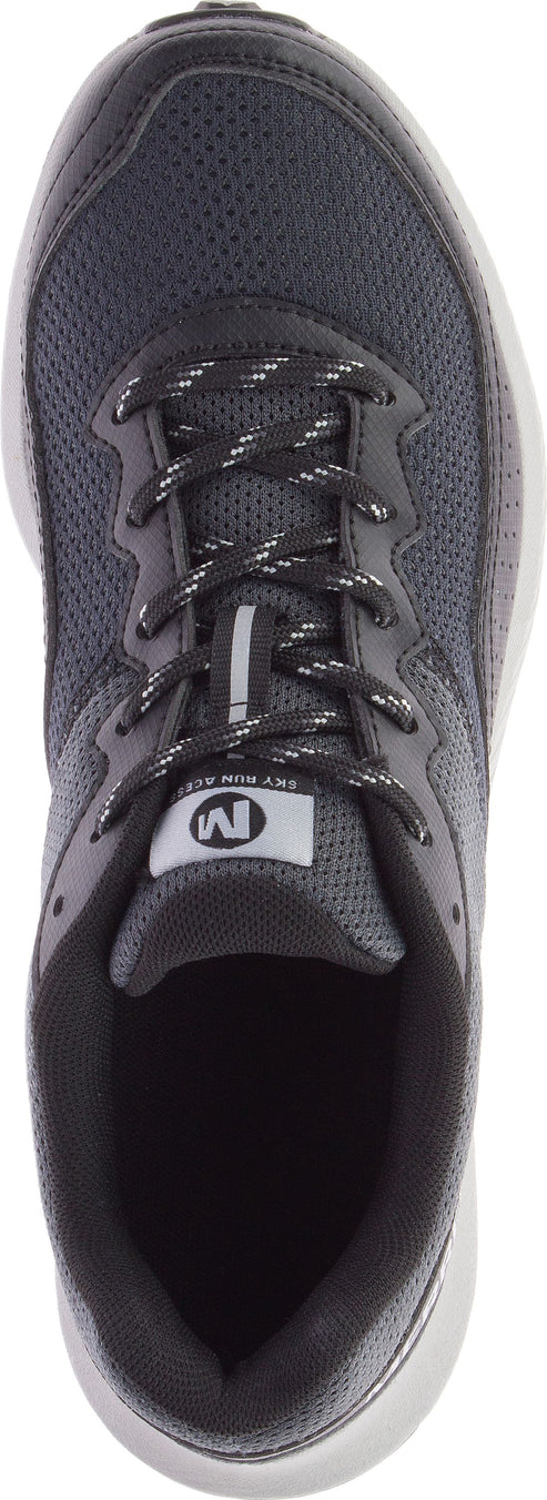 A gray running shoe featuring black shoelaces and a white logo on the side.