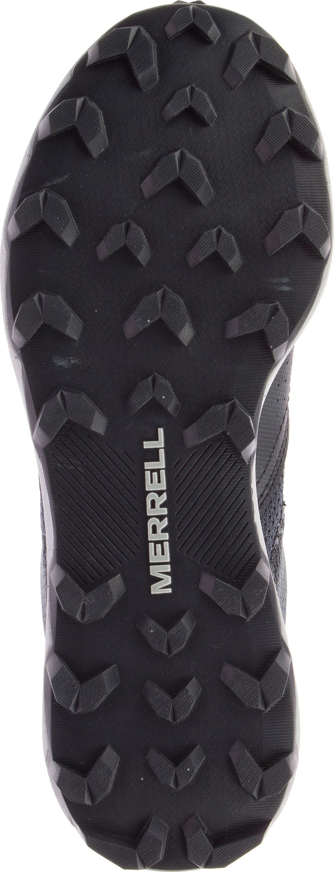 The outsole of a shoe features angled tread and the word MERRELL.